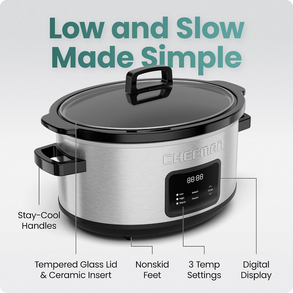 Chefman Slow Cooker 7 Quart, Large Family Size Programmable Digital Slow Cooker with 24-Hour Timer, Low, High & Warm Settings, Ceramic Crock, Tempered Glass Lid, Dishwasher-Safe, Stainless Steel