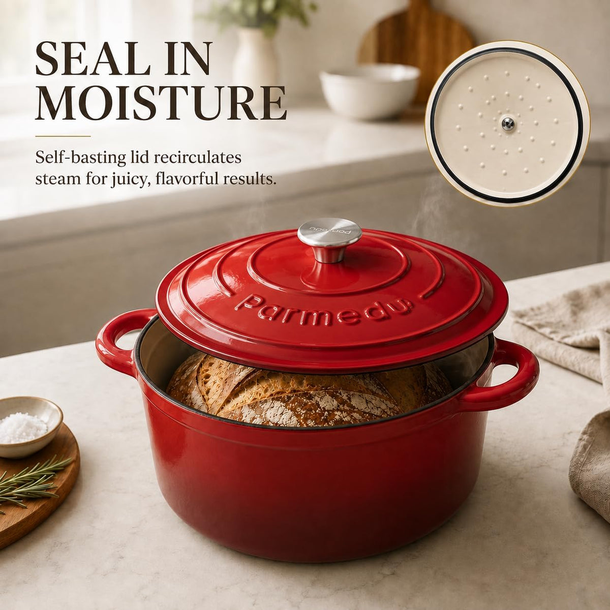 Parmedu 5.5QT Enameled Cast Iron Dutch Oven for Sourdough Bread Red