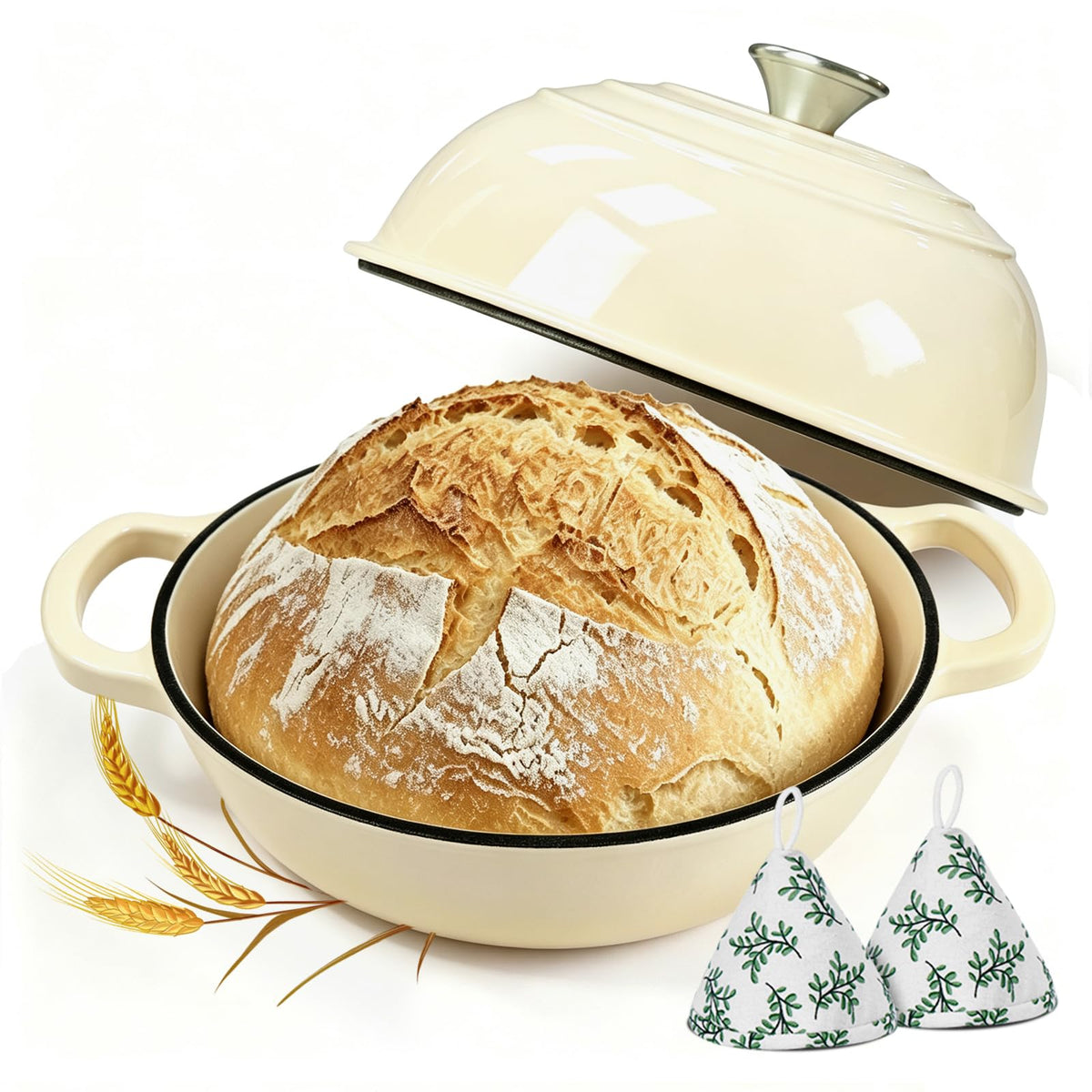 Cast Iron Bread Dutch Oven 6QT Cream Enameled with Lid