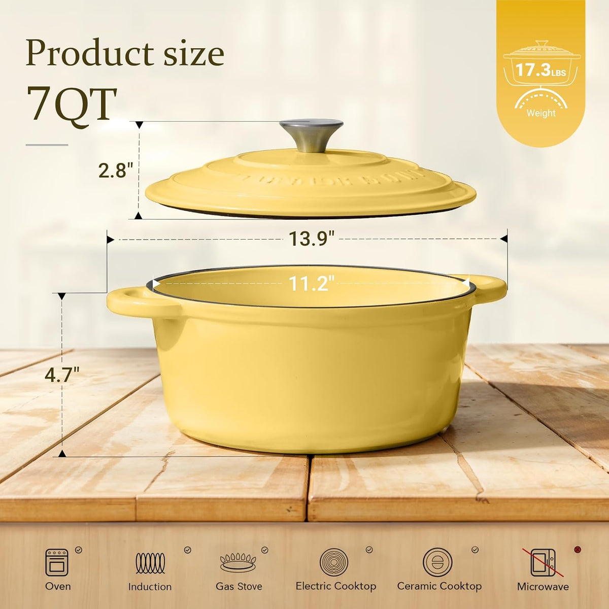 Overmont Enameled Cast Iron Dutch Oven - 7QT Pot with Lid Cookbook & Cotton Potholders - Heavy-Duty Cookware for Braising, Stews, Roasting, Bread Baking GooseYellow