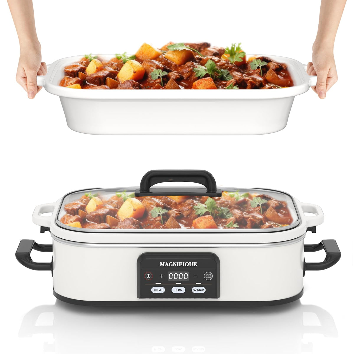 4 Quart Casserole Programmable Slow Cooker with Ceramic Baking Dish - Perfect Kitchen Small Appliance for Family Dinners, Oven Safe and Durable Bakeware for Lasagna, Roasts, Black