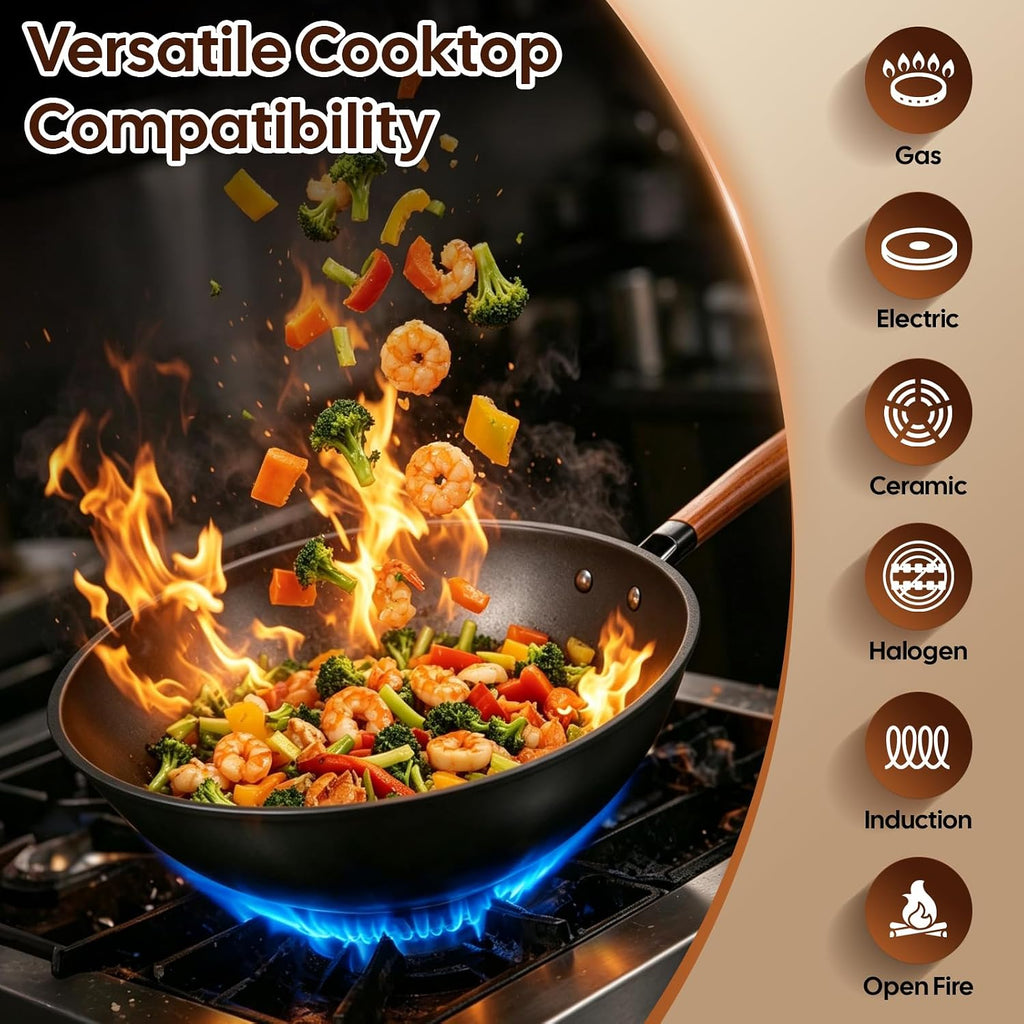 AOSION 13'' Carbon Steel Wok, 12 Piece Wok Pan & Stir-Fry Pans Set with Lid