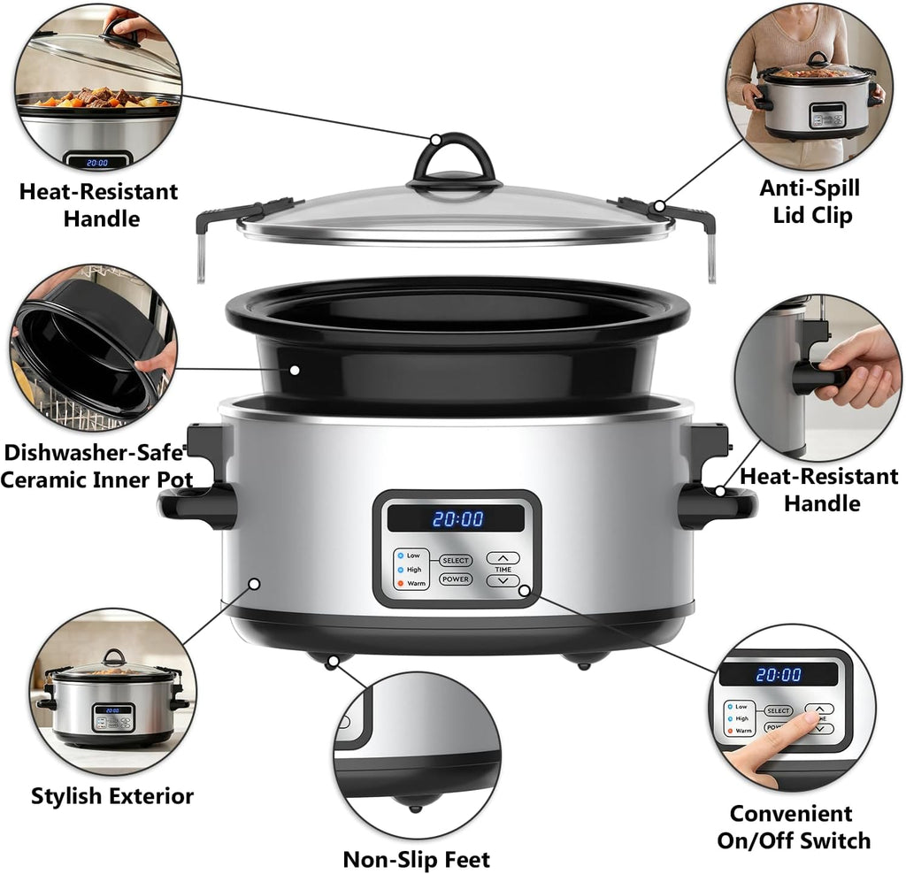 6 Quart Programmable Slow Cooker with Locking Lid, Adjustable Timer