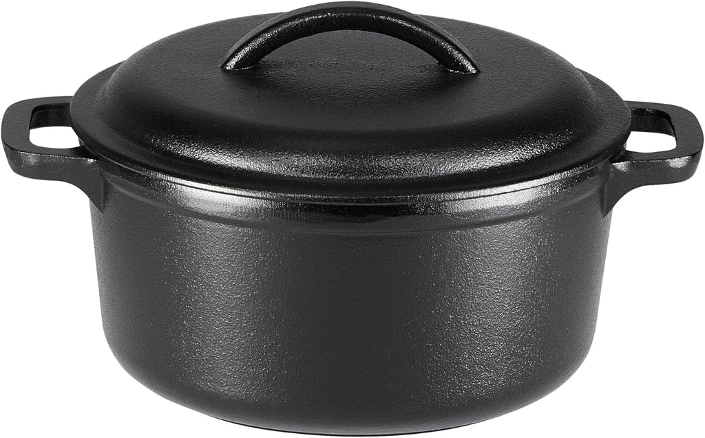 Amazon Basics Pre-Seasoned Cast Iron Mini Dutch Oven Pot with Lid and Dual Handles, Oven Safe, 2-Quart, Round, Black