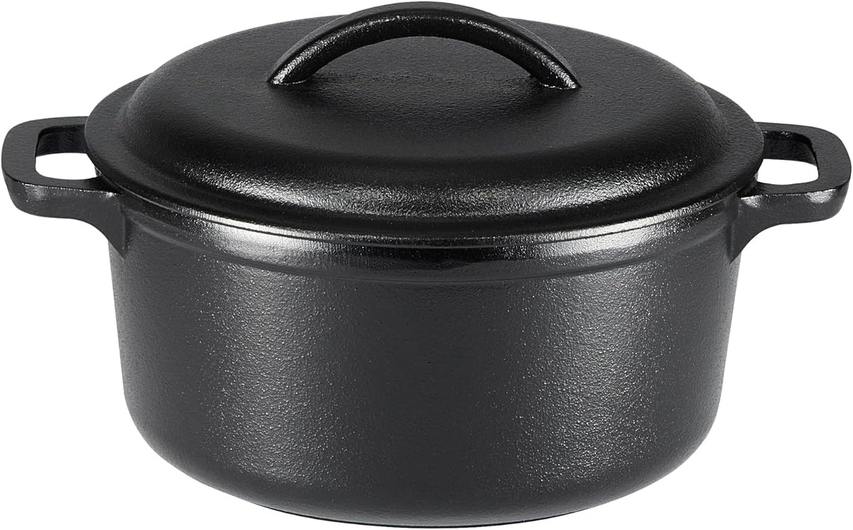 Amazon Basics Pre-Seasoned Cast Iron Mini Dutch Oven Pot with Lid and Dual Handles, Oven Safe, 2-Quart, Round, Black