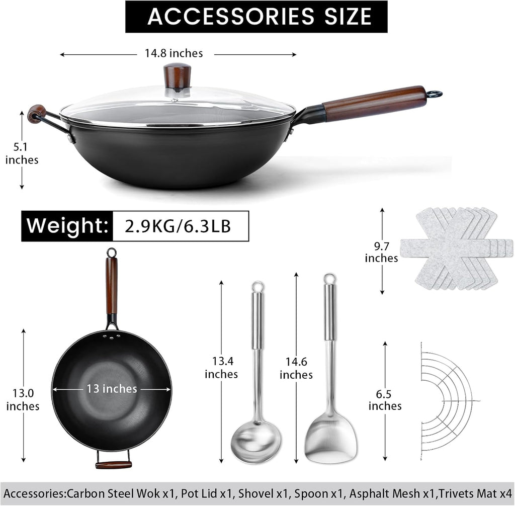 Carbon Steel Wok - 13" Woks & Stir-Fry Pans Nonstick, Wok with Lid, Fast Heat Conduction, Uniform Heat Conduction Flat Bottom Woks, Professional Chef Cookware