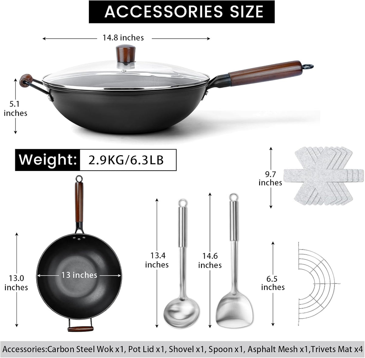 Carbon Steel Wok - 13" Woks & Stir-Fry Pans Nonstick, Wok with Lid, Fast Heat Conduction, Uniform Heat Conduction Flat Bottom Woks, Professional Chef Cookware