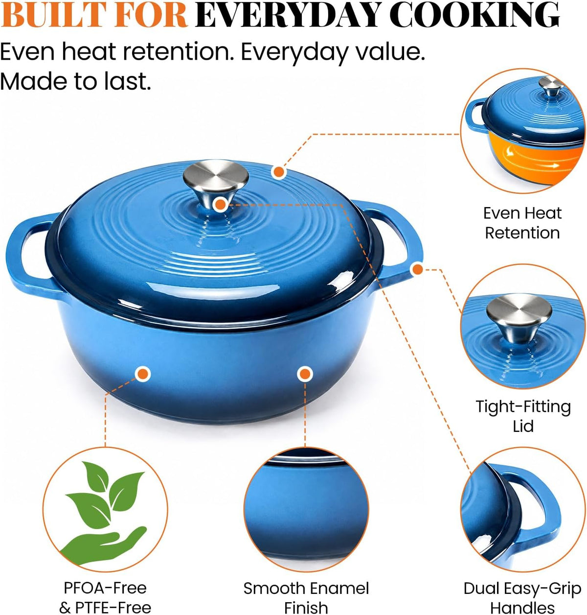 Sweetcrispy 6 Qt Enameled Cast Iron Dutch Oven Pot with Lid, Blue