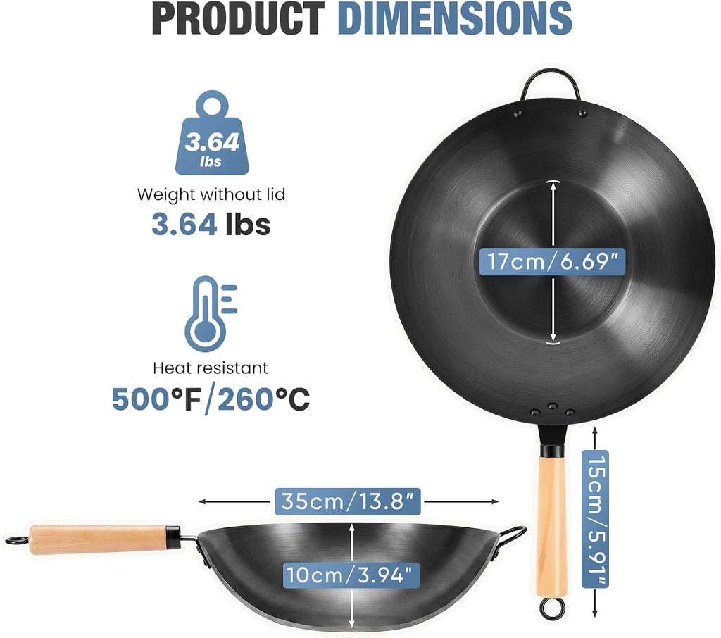 Sweetcrispy 13.5 Inch Carbon Steel Wok Pan, Pre-Seasoned Flat Bottom No Chemical Coating Pow Wok, Compatible with Induction, Electric, Gas and Open Fire, Ideal for Home Cooking and Camping, Black