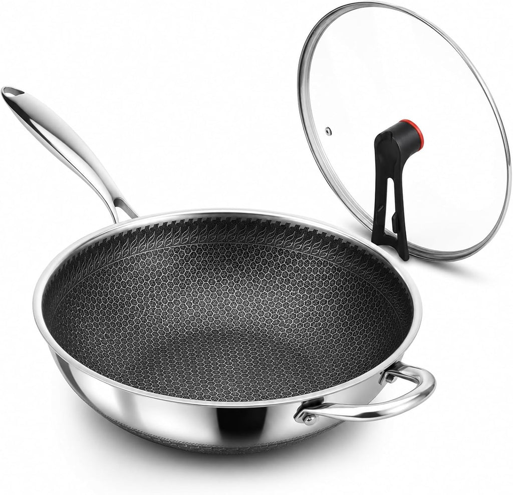 12.6 Inch Stainless Steel Honeycomb Wok Pan with Standing Glass Lid, Flat Bottom Stir Fry Pan for Induction, Gas & Electric Stoves, Physical Stick-Resistant Surface, Dishwasher Safe