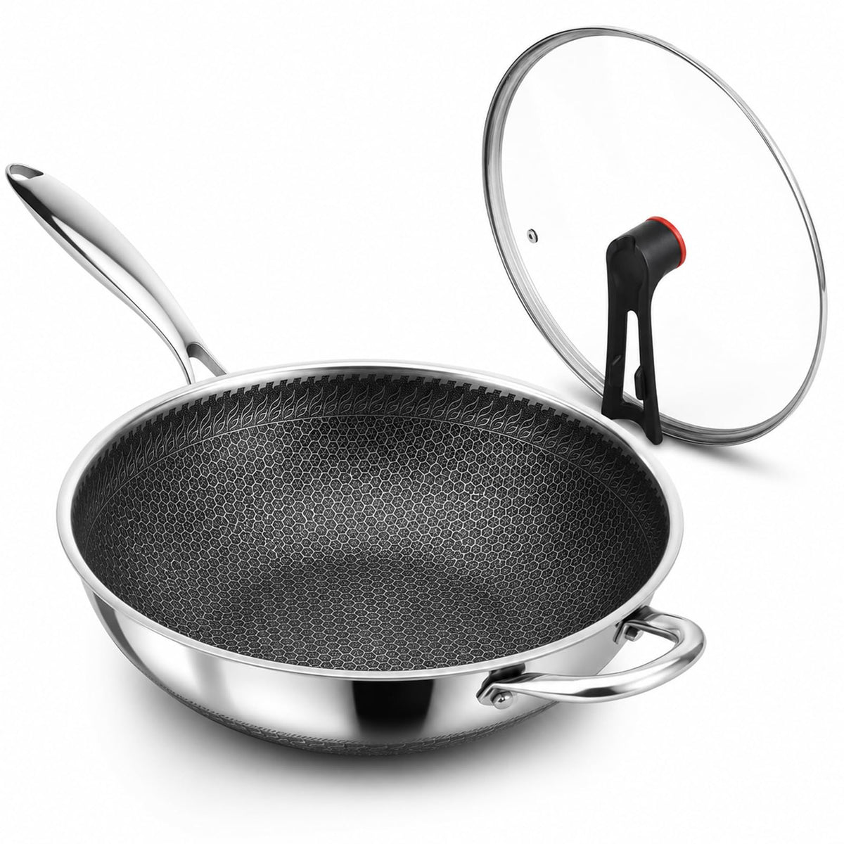 12.6 Inch Stainless Steel Honeycomb Wok Pan with Standing Glass Lid, Flat Bottom Stir Fry Pan for Induction, Gas & Electric Stoves, Physical Stick-Resistant Surface, Dishwasher Safe