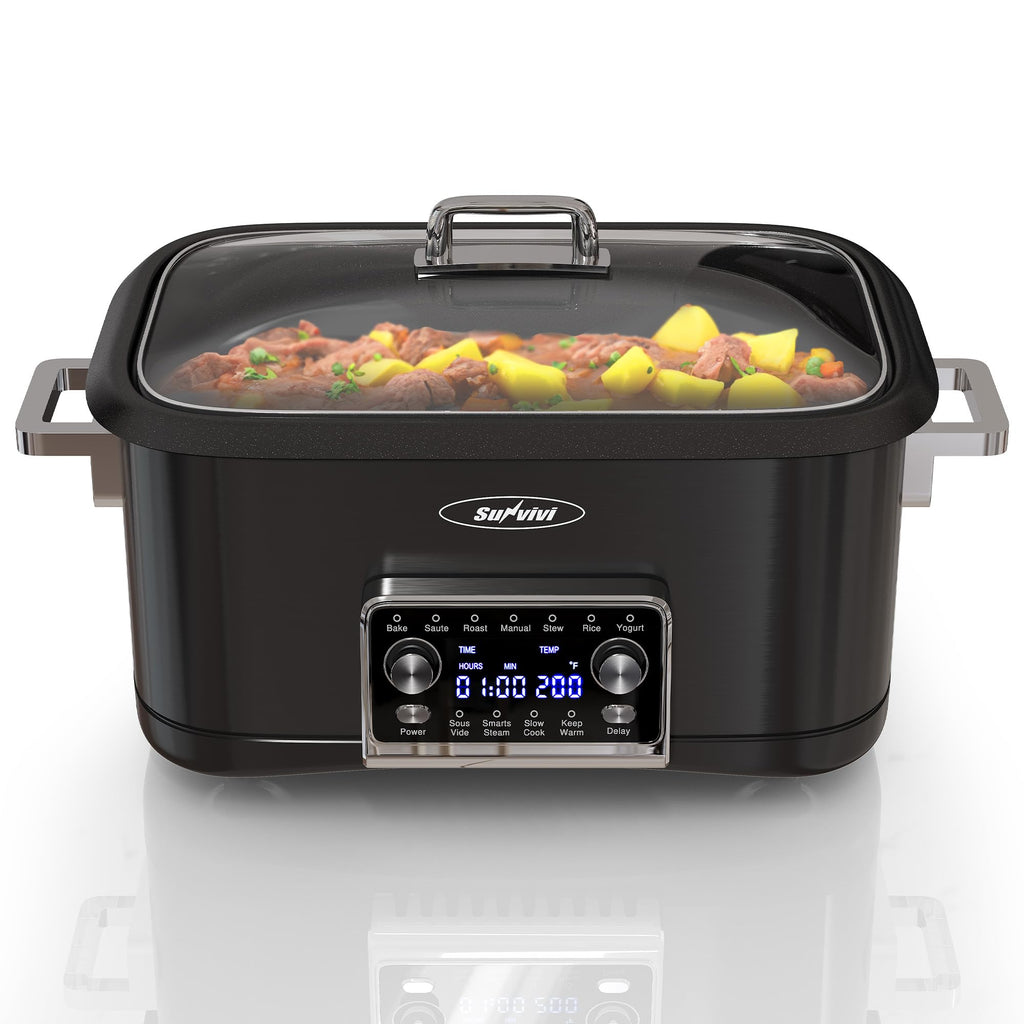 Sunvivi 8 Quart Slow Cooker Roaster Oven, 12 in 1 Programmable Multi-Cooker Food Warmer with Digital Timer, Temp Control, Removable Cast Aluminum Pot & Dishwasher-Safe Tempered Glass Lid, Blue