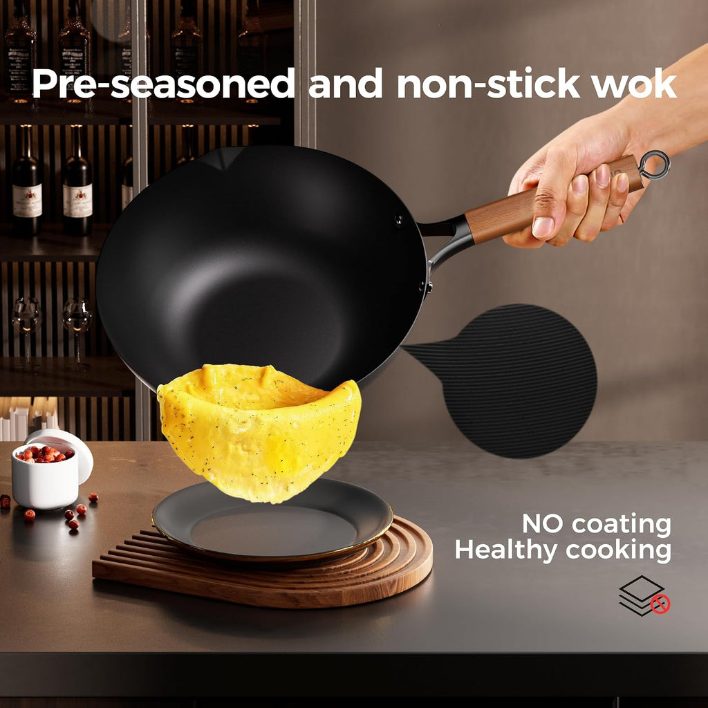 Sanho 12 Inch Carbon Steel Wok Pan, 4QT Woks & Stir-Fry Pans Nonstick with Lid, No Seasoning Required & 0 Coating, Compatible with All Cooktops & Utensils for Stir Fry, Pan-Fry, Steam, Camping