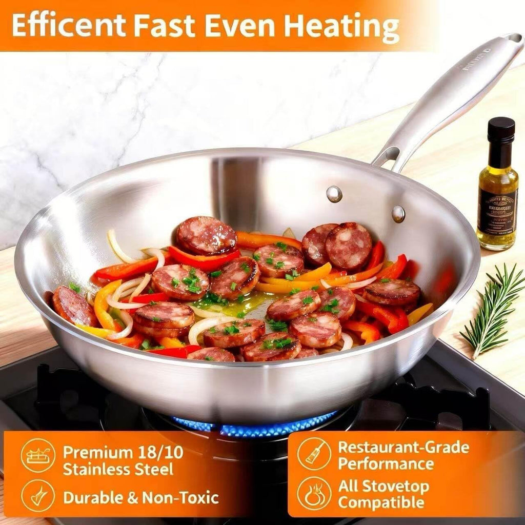 DELARLO Tri-Ply Stainless Steel Woks, 12 Inch Healthy Non-Toxic Cooking Wok Pan with Lid, Wide & Deep Cookware Stir-Fry Pans, Dishwasher and Oven Safe Up To 600°F, Works on Induction，Detachable Handle