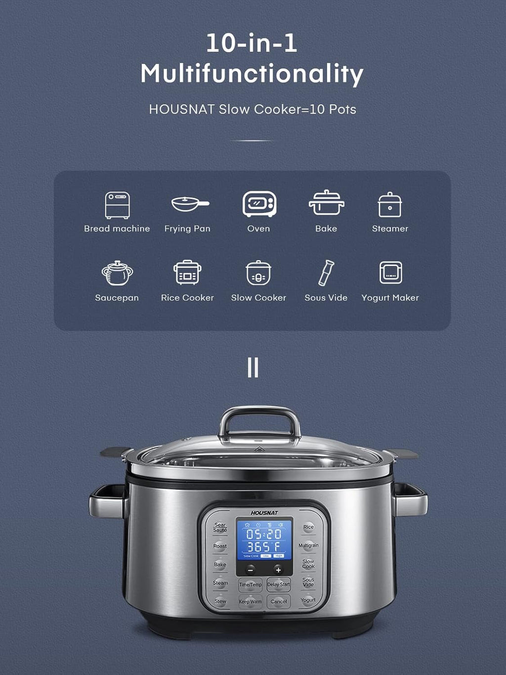HOUSNAT Slow Cooker 6 Quart 10-in-1 Programmable Stainless Steel Pot