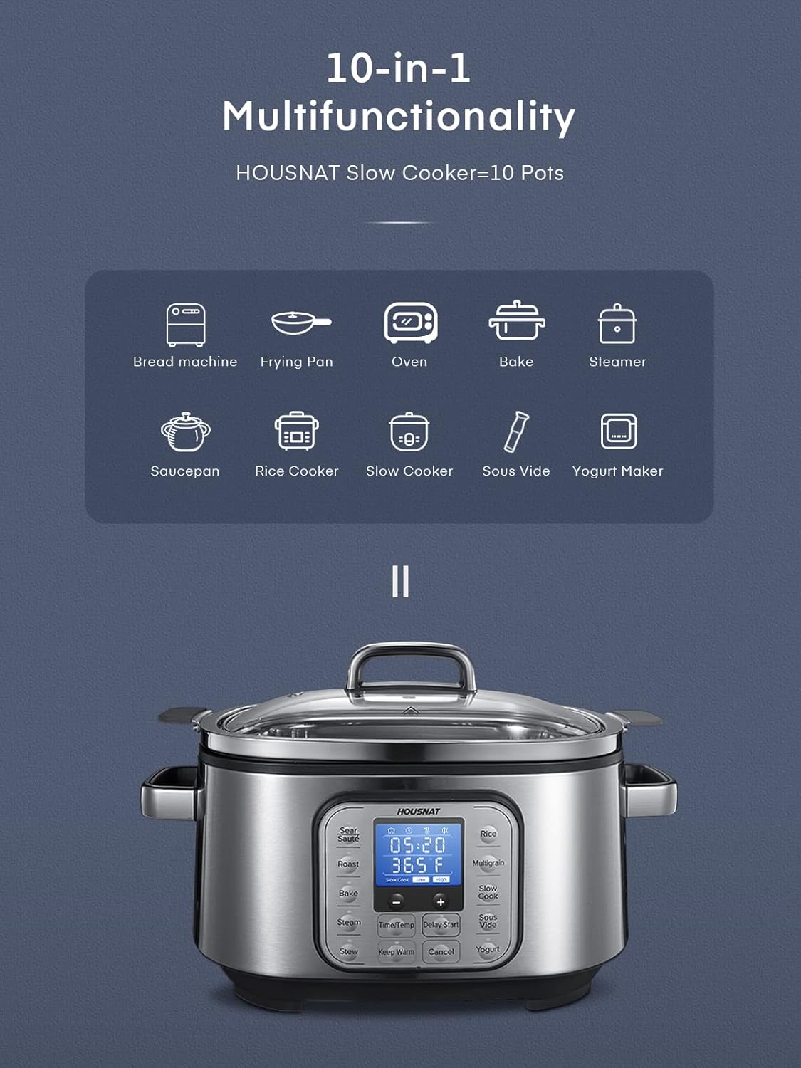 HOUSNAT Slow Cooker 6 Quart 10-in-1 Programmable Stainless Steel Pot
