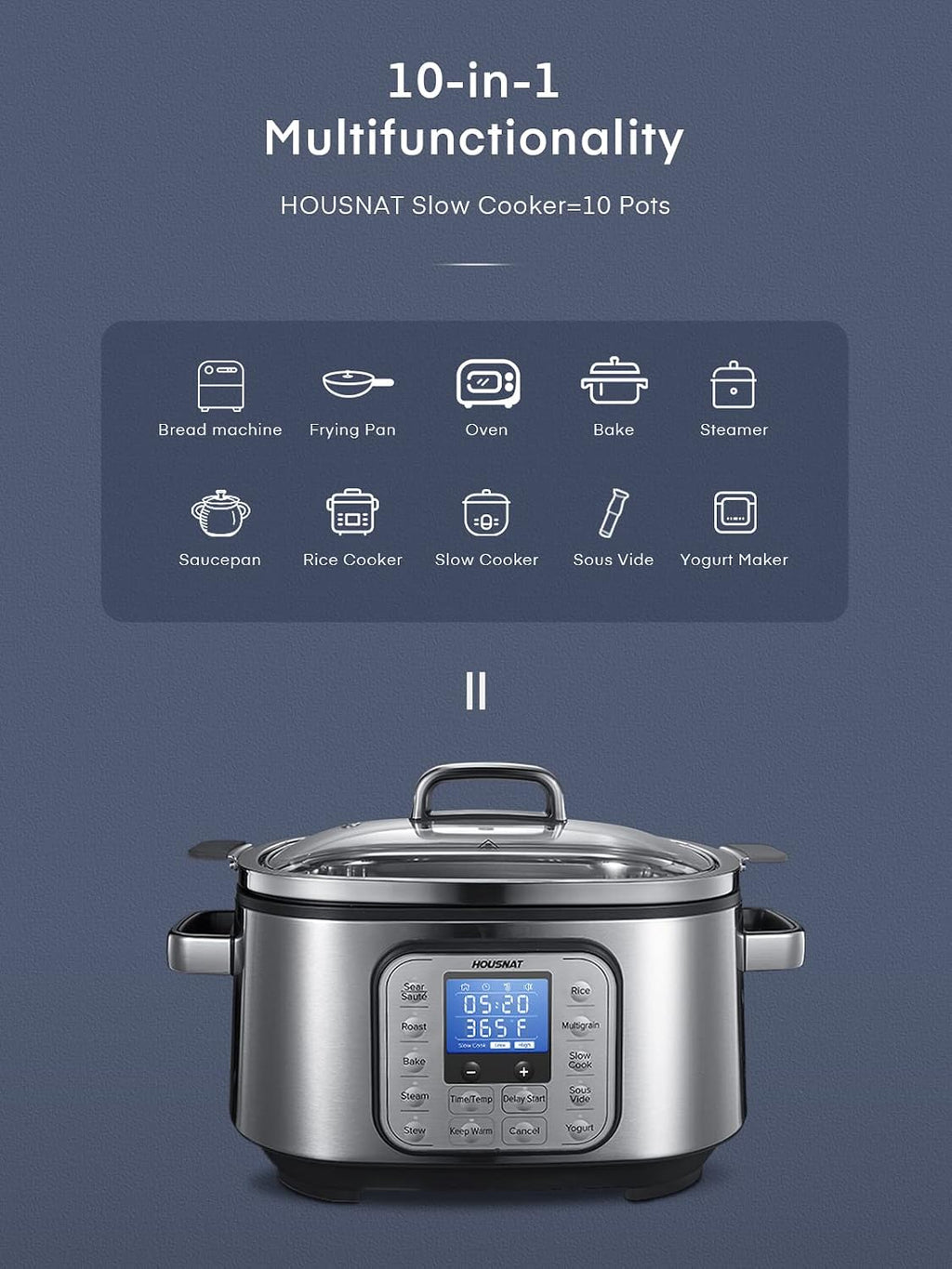 HOUSNAT Slow Cooker 6 Quart 10-in-1 Programmable Stainless Steel Pot