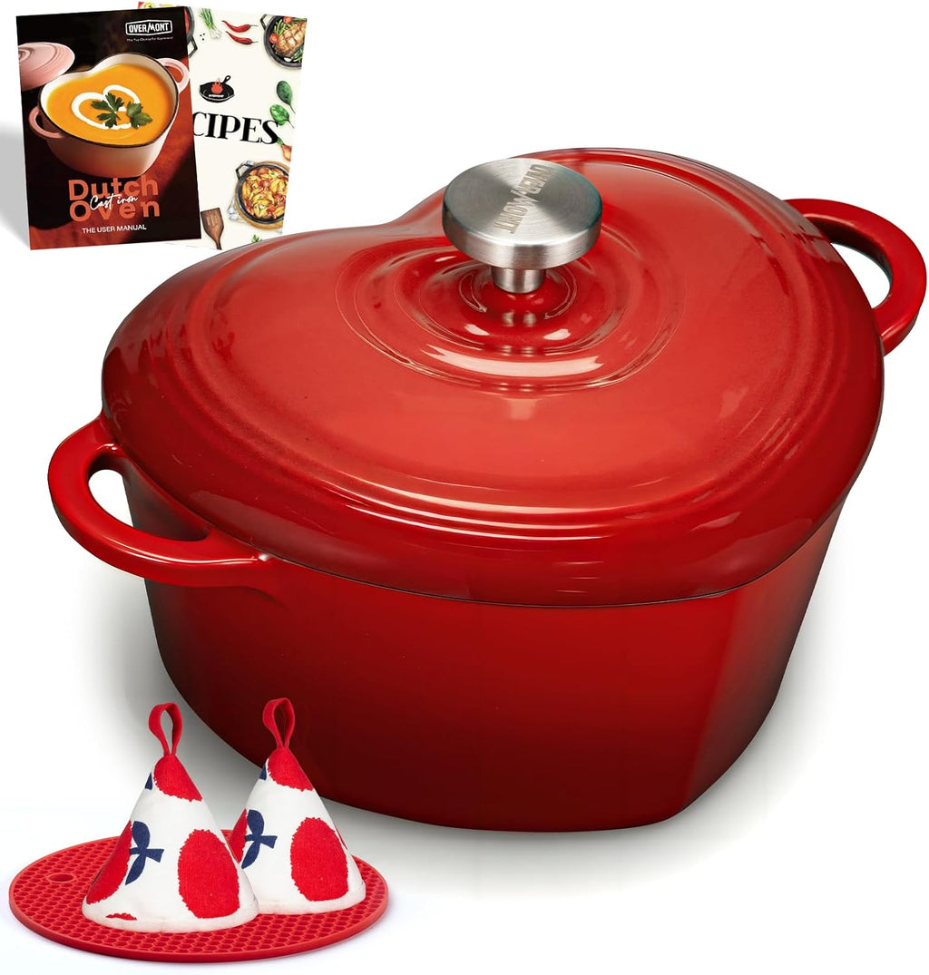 Overmont Enameled Cast Iron Dutch Oven - 2QT Heart-Shaped Mini Pot with Lid