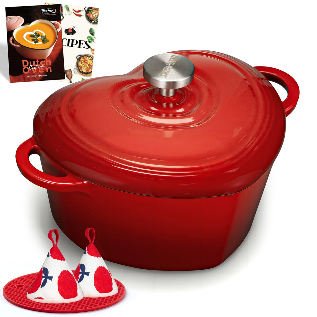 Overmont Enameled Cast Iron Dutch Oven - 2QT Heart-Shaped Mini Pot with Lid