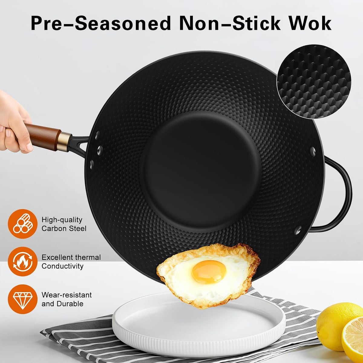 Todlabe Wok with Lid, 13 Inch Carbon Steel Woks & Stir-fry Pans Nonstick