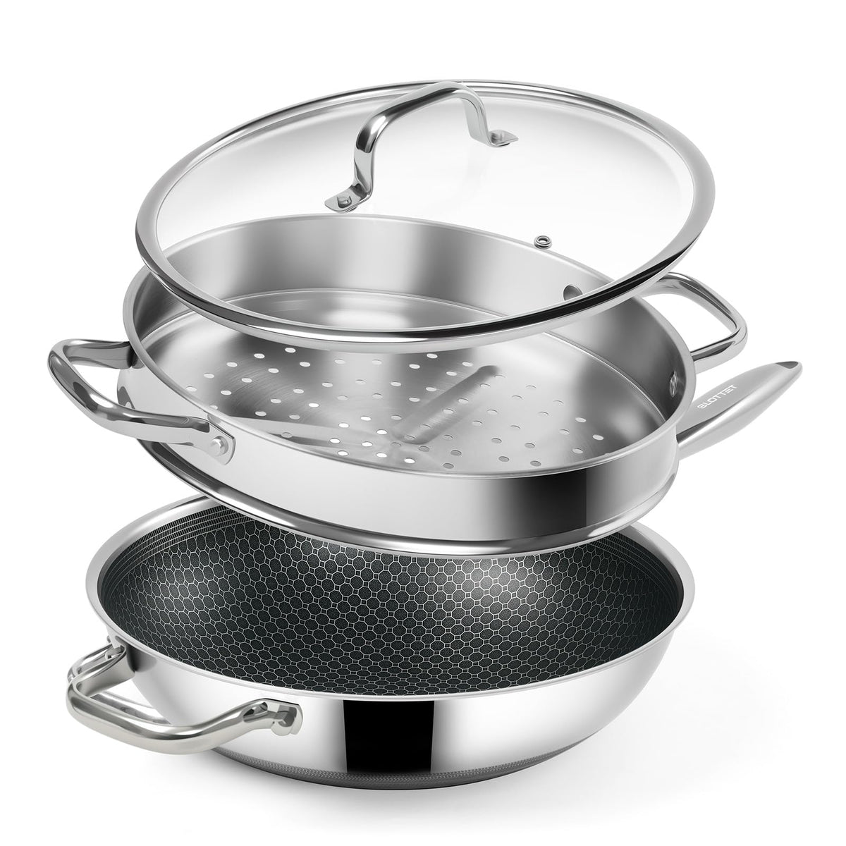 SLOTTET Hybrid 12-Inch Wok with Steamer,Nonstick Stainless Steel Woks & Stir-fry pans with Lid,Stay-Cool Handle,PFOA Free Cookware,Dishwasher and Oven Safe, Works on Induction