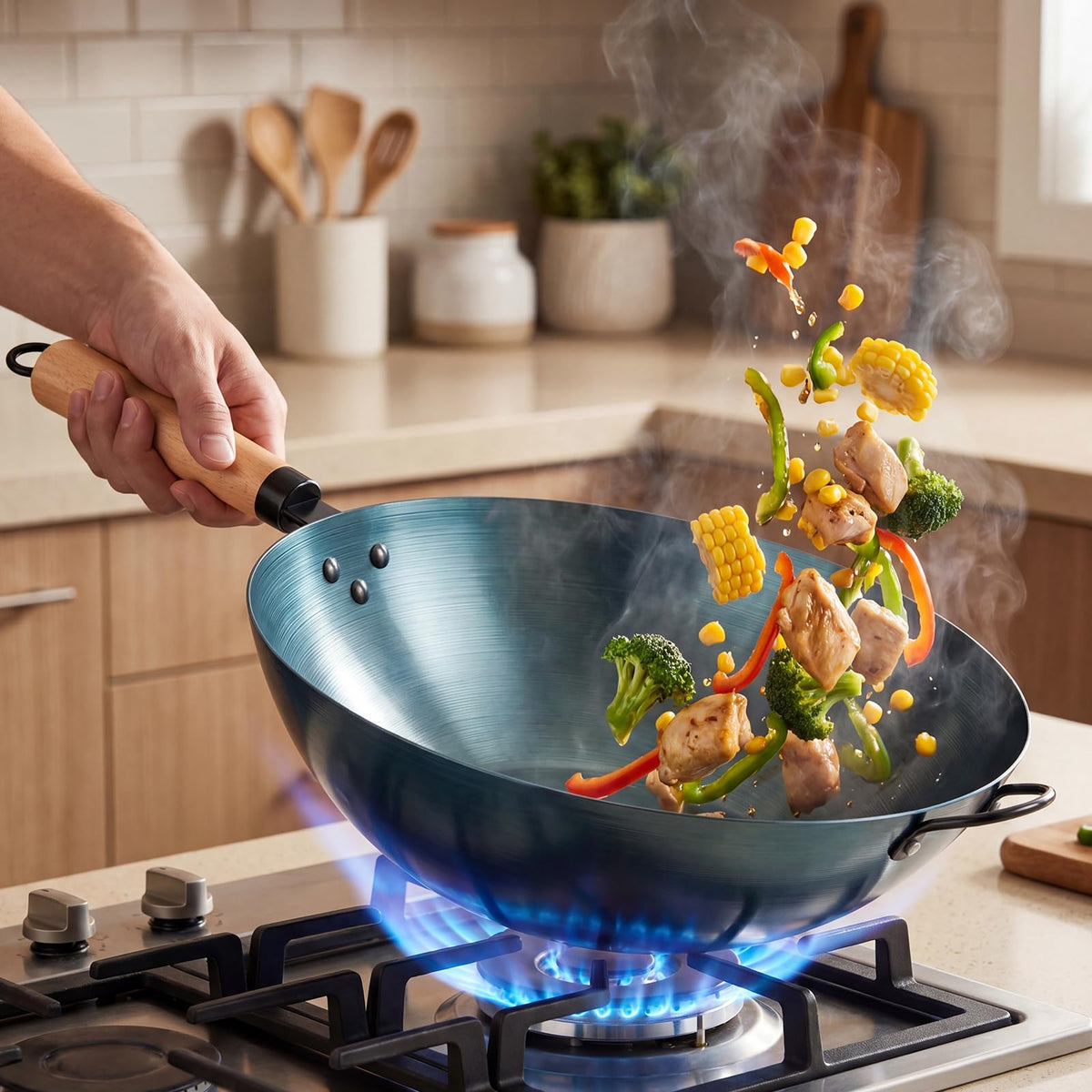 Sweetcrispy 13.5 Inch Carbon Steel Wok Pan, Pre-Seasoned Flat Bottom No Chemical Coating Pow Wok, Compatible with Induction, Electric, Gas and Open Fire, Ideal for Home Cooking and Camping, Black