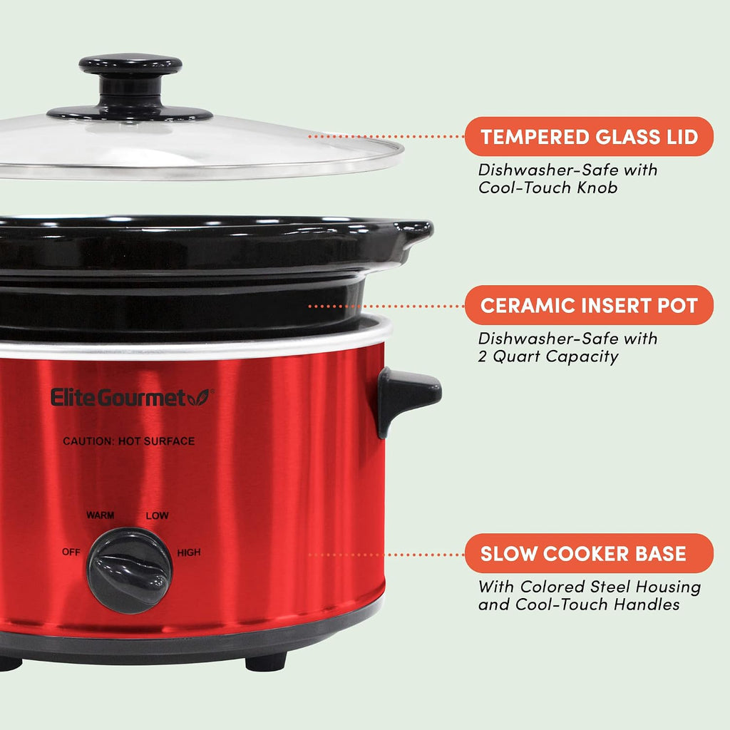 Elite Gourmet MST-275XR# Electric Oval Slow Cooker, 2 Qt, Metallic Red