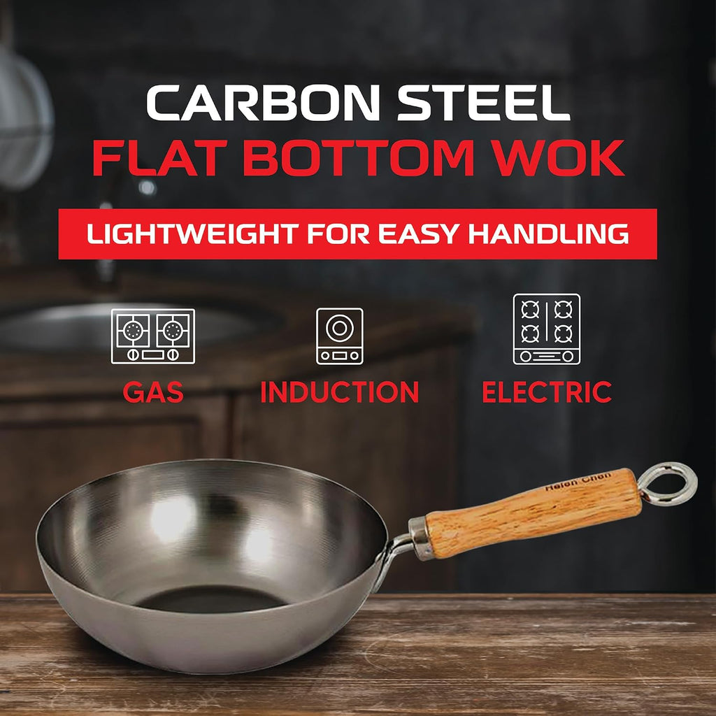 Helen's Asian Kitchen Carbon Steel Mini Wok, 8-Inch, Flat Bottom Chinese Stir Fry Pan With Rubberwood Handle For Single-Serve Stir Fry, Fried Rice, Noodles, And Asian Cooking