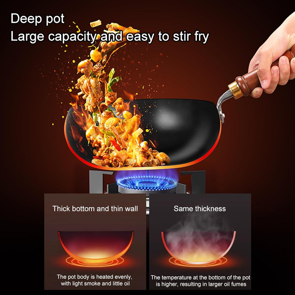 Carbon Steel Wok Pan, 9.4 INCH Nonstick Pre-Seasoned Woks & Stir-Fry Pans with Lid, No Chemical Coating Wok Flat Bottom Small Handmade Chinese Wok for Induction, Gas, Electric & All Stoves
