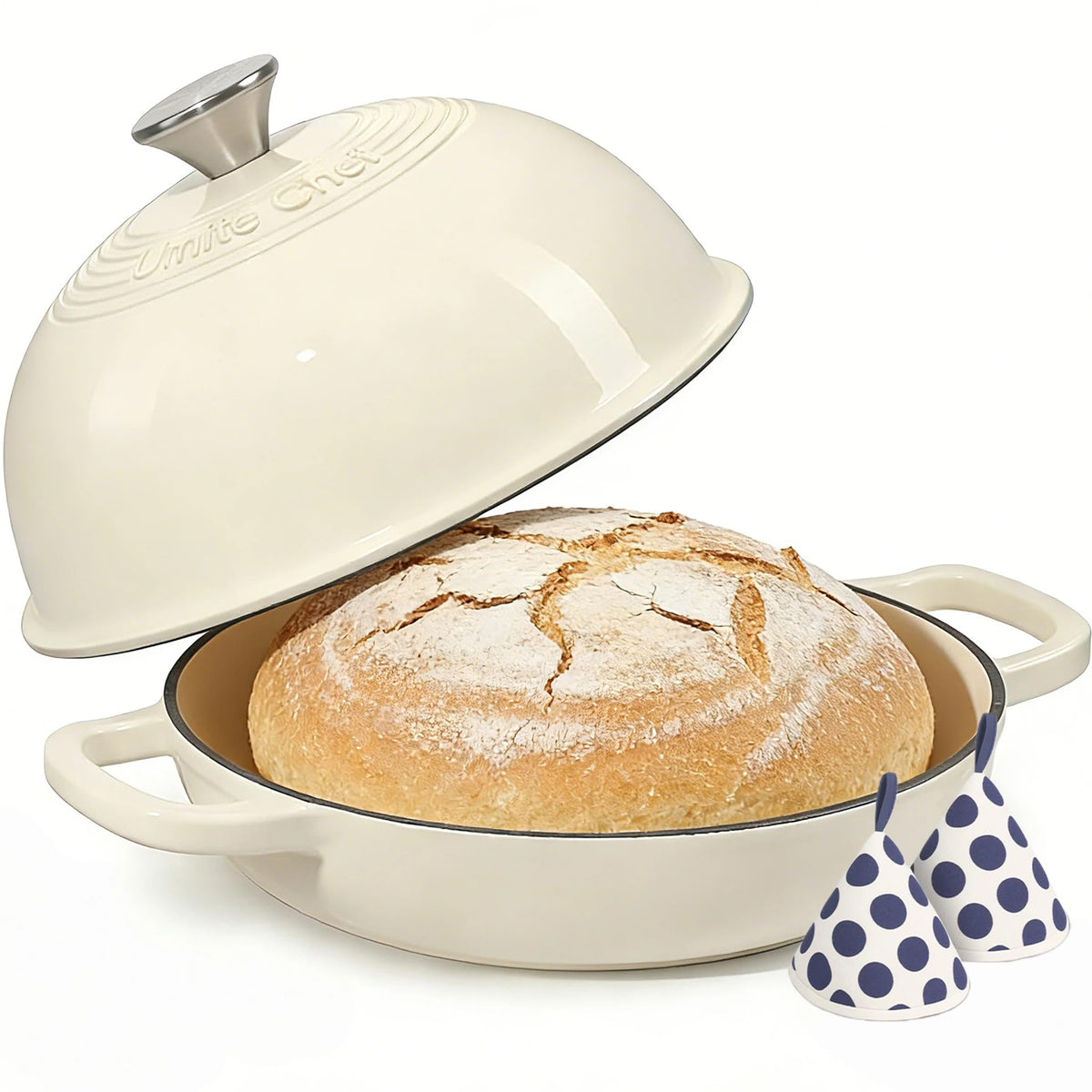 Cast Iron Dutch Oven Pot with Lid, Round Bread Oven for Sourdough Bread Baking, Umite Chef Enameled Cast Iron Bread Oven with Dome Lid & Cotton Potholders for Sourdough, Pink, 6 Quarts