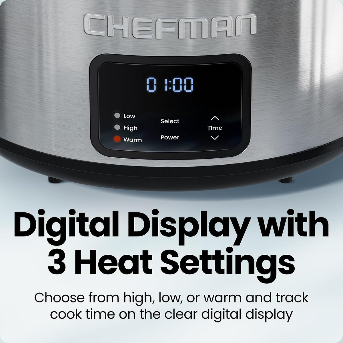 Chefman Slow Cooker 7 Quart, Large Family Size Programmable Digital Slow Cooker with 24-Hour Timer, Low, High & Warm Settings, Ceramic Crock, Tempered Glass Lid, Dishwasher-Safe, Stainless Steel