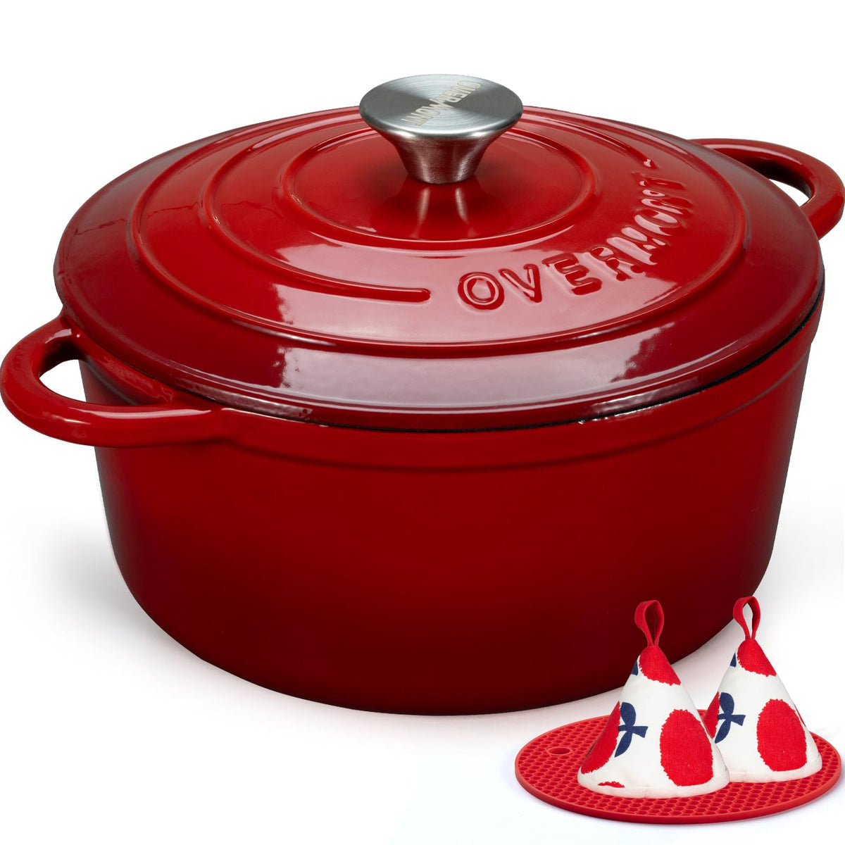 Overmont Enameled Cast Iron Dutch Oven - 4.5QT Pot with Lid Cookbook & Cotton Potholders - Heavy-Duty Cookware for Braising, Stews, Roasting, Sourdough Baking Cream White