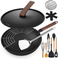AOSION 13'' Carbon Steel Wok, 12 Piece Wok Pan & Stir-Fry Pans Set with Lid