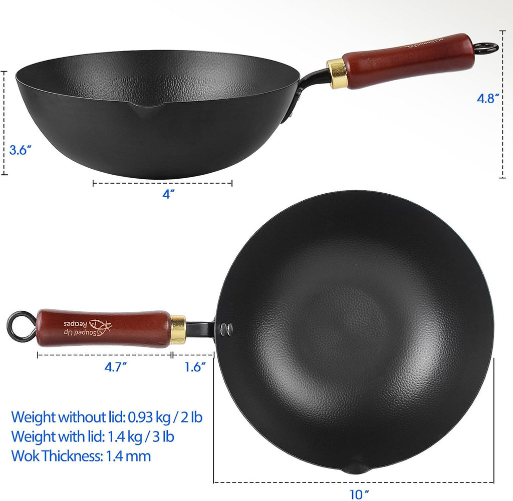 Souped Up Recipes 10 Inch Carbon Steel Wok For Electric, Induction and Gas Stoves (Lid and User Guide Video Included)