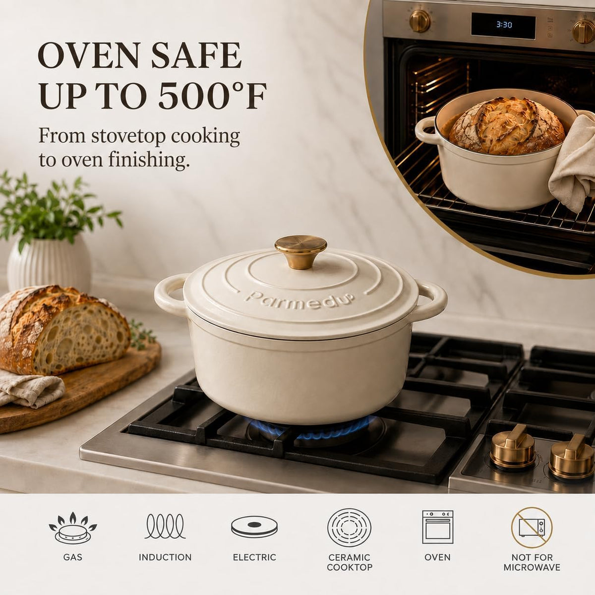 Parmedu 5.5QT Enameled Cast Iron Dutch Oven for Sourdough Bread White