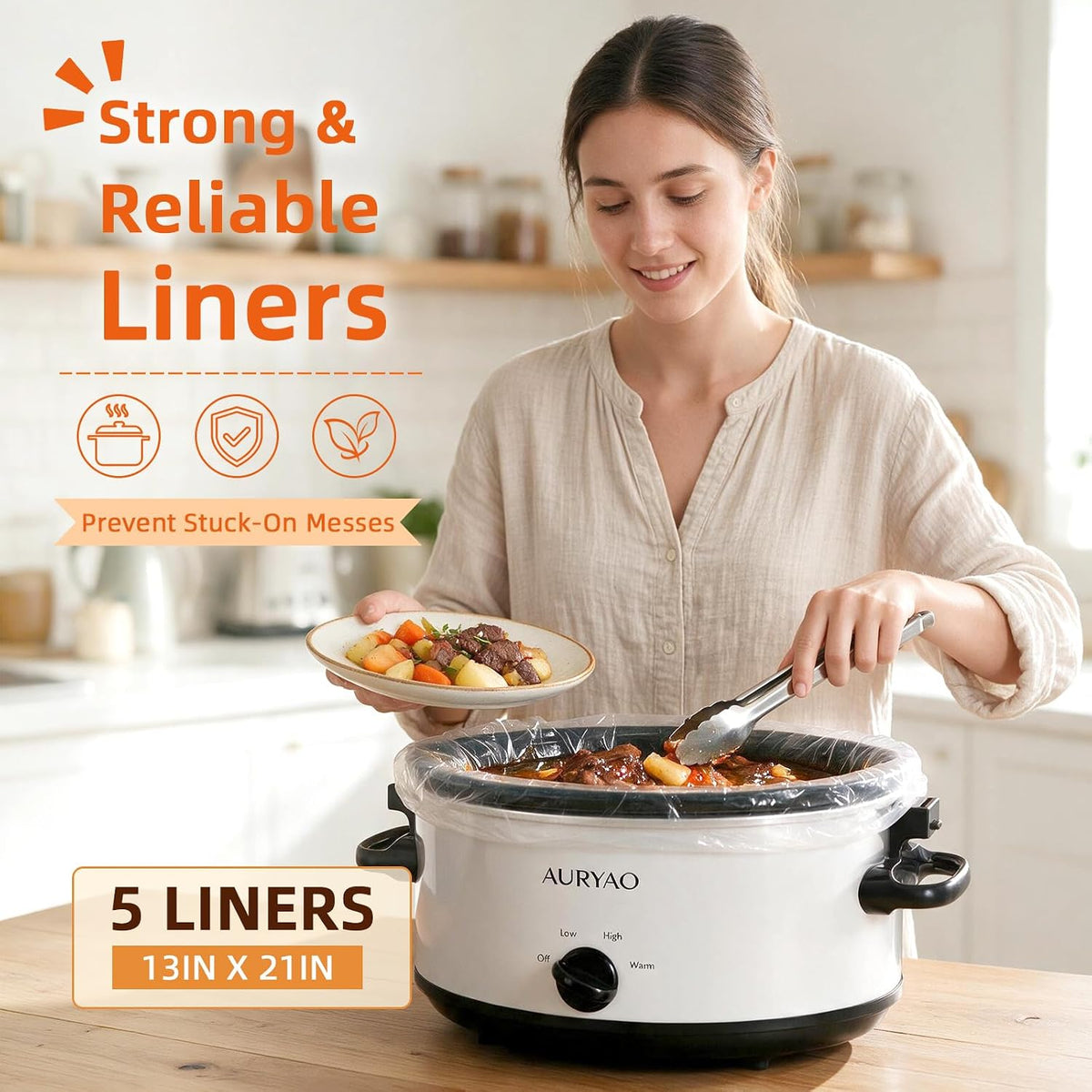 6 Quart Slow Cooker with Locking Lid, Removable Stoneware & 5 Liners