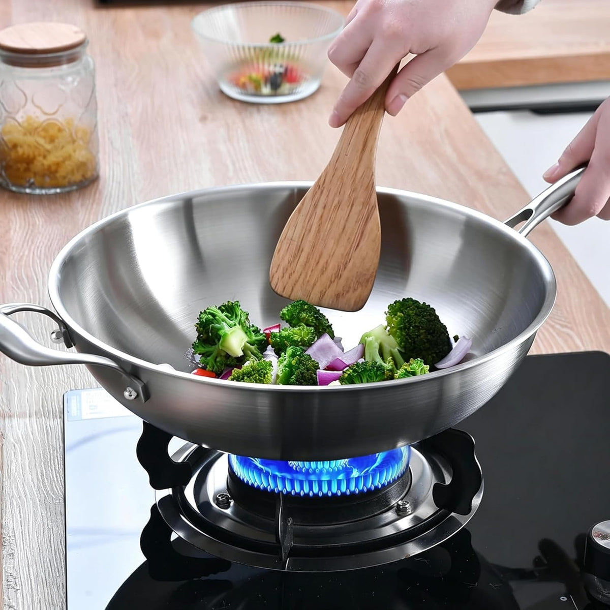 LOLYKITCH 13-Inch Stainless Steel Wok with Glass Lid | Detachable Handle