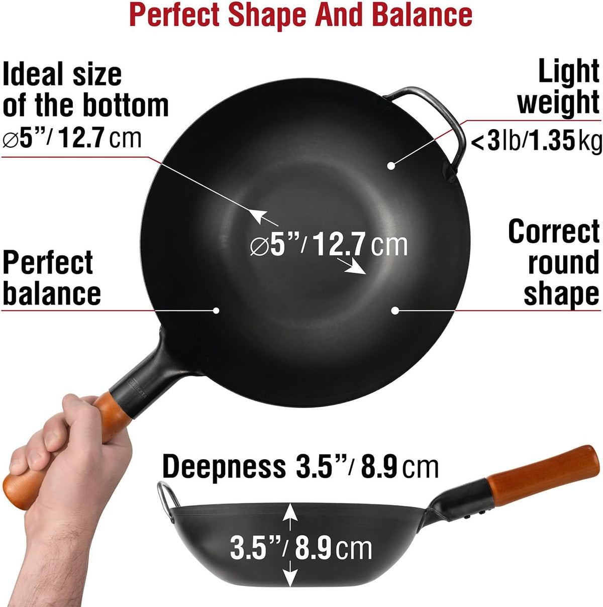 YOSUKATA 11.8" Pre-Seasoned Flat Bottom Black Carbon Steel Wok for Stir Fry