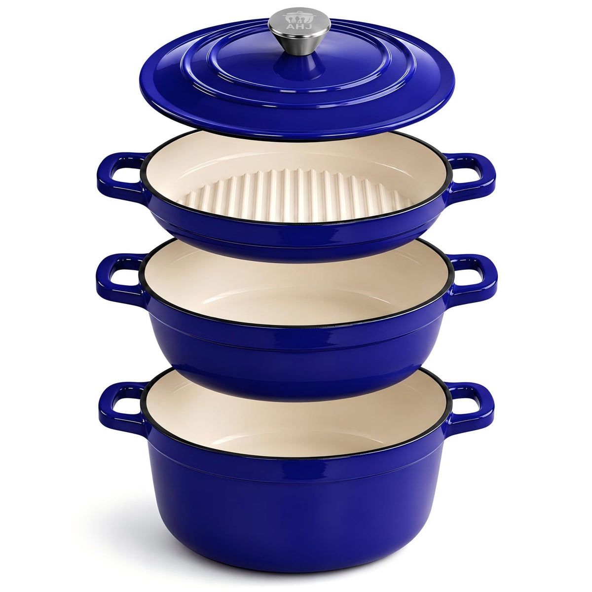 AHJ Enameled Cast Iron Dutch Oven Set - 4 Piece Cookware Set with Lids