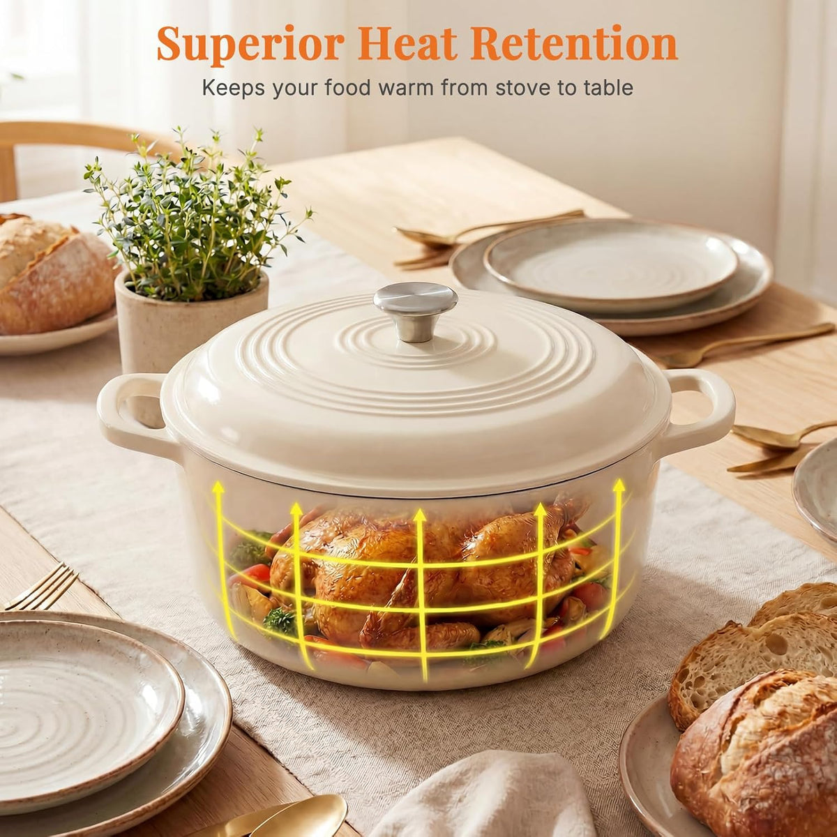 NEWBULIG 6 Quart Cast Iron Dutch Oven, Enamel Dutch Oven Pot with Lid Beige
