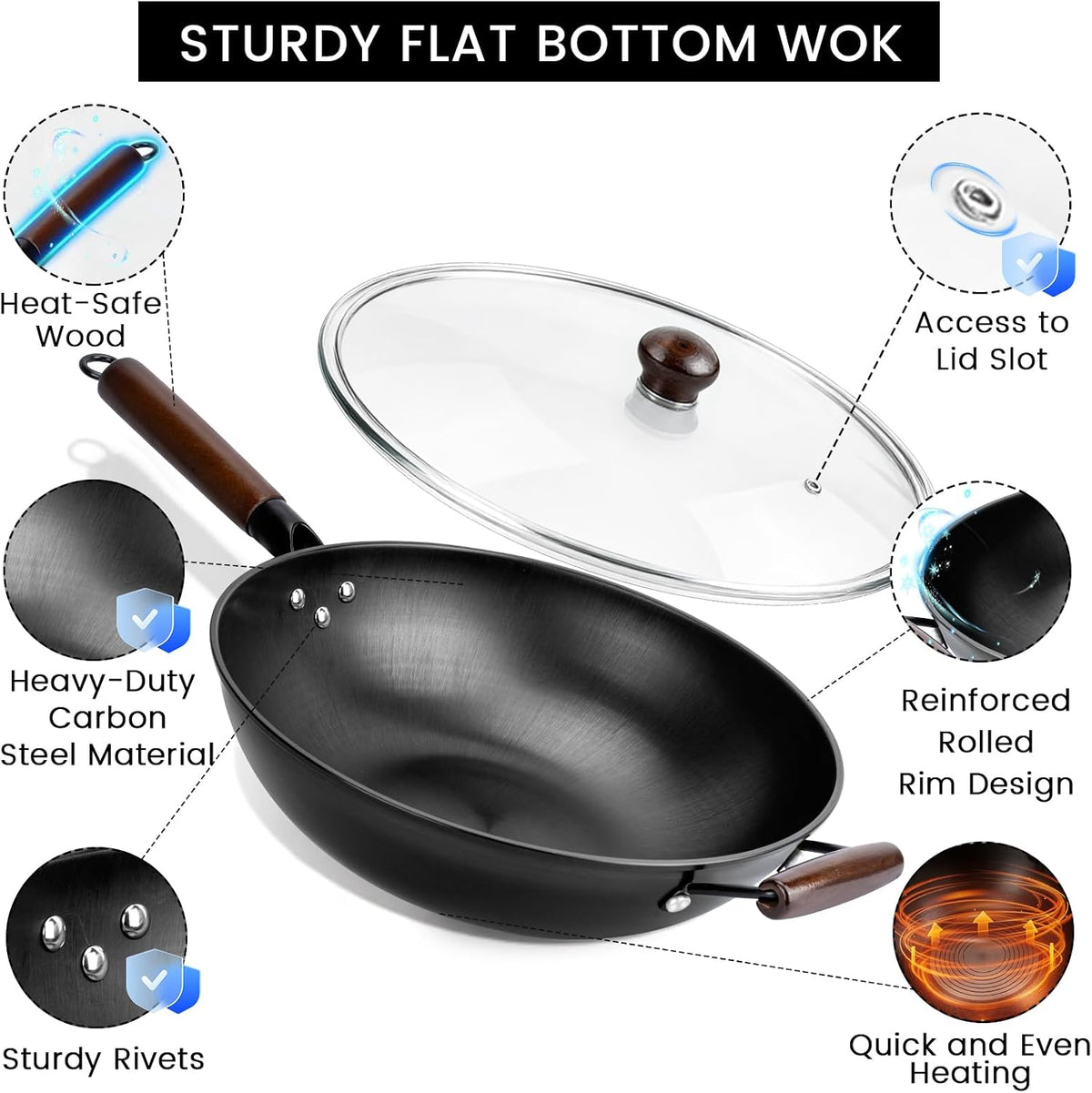 Carbon Steel Wok - 13" Woks & Stir-Fry Pans Nonstick, Wok with Lid, Fast Heat Conduction, Uniform Heat Conduction Flat Bottom Woks, Professional Chef Cookware