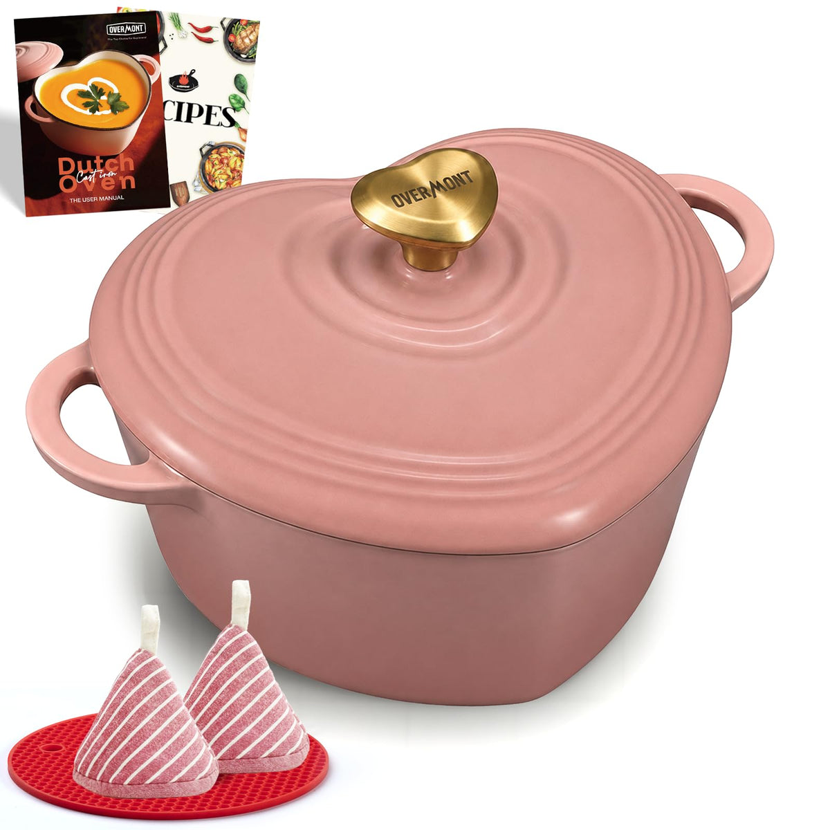 Overmont Enameled Cast Iron Dutch Oven - 2QT Heart-Shaped Mini Pot with Lid
