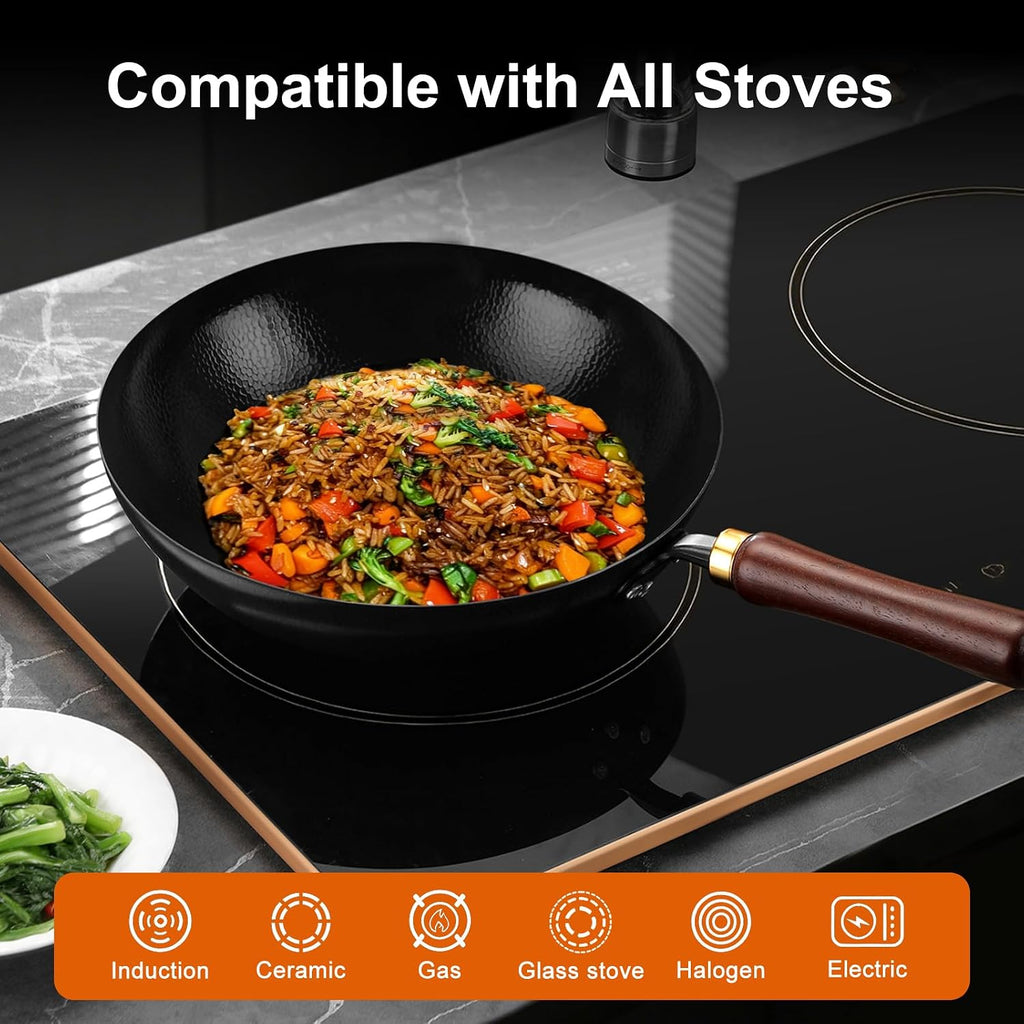 Carbon Steel Wok Pan, 13.4-Inch Nonstick Pre-Seasoned Woks & Stir-Fry Pans with Glass Lid, No Chemical Coated Wok Round Bottom Hand Hammered Chinese Wok for Gas Stoves