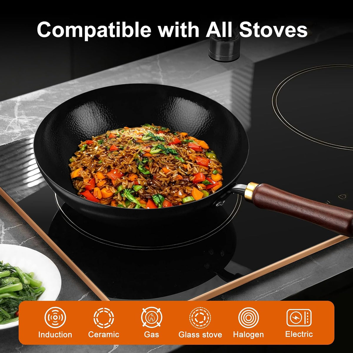 Carbon Steel Wok Pan, 13.4-Inch Nonstick Pre-Seasoned Woks & Stir-Fry Pans with Glass Lid, No Chemical Coated Wok Round Bottom Hand Hammered Chinese Wok for Gas Stoves