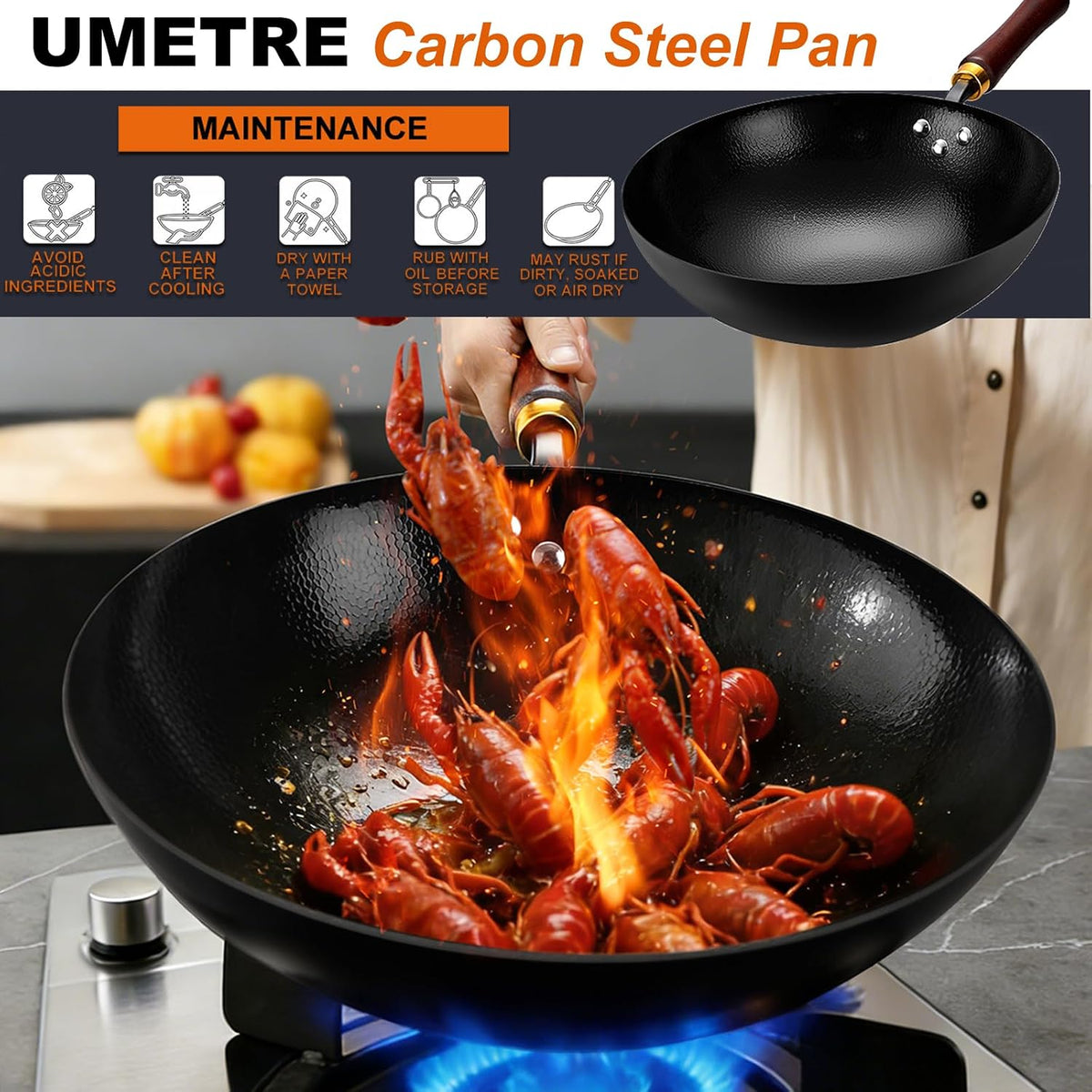 Carbon Steel Wok Pan, 13.4-Inch Nonstick Pre-Seasoned Woks & Stir-Fry Pans with Glass Lid, No Chemical Coated Wok Round Bottom Hand Hammered Chinese Wok for Gas Stoves