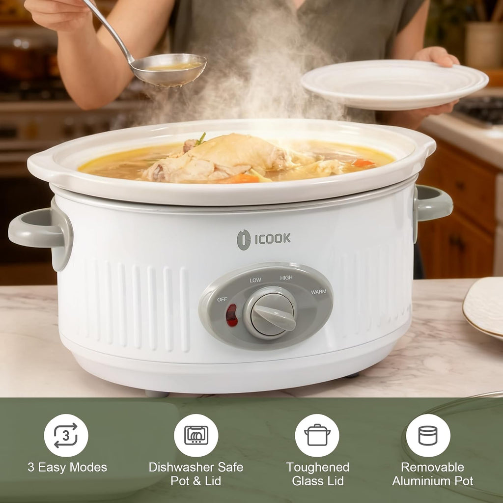 3.5 Quart Slow Cooker with 3 Heat Settings, Non-Stick and Dishwasher Safe, Removable Ceramic Pot Tempered Glass Lid, Cool Touch Handles for Entrees, Soups, Stews, Ivory White