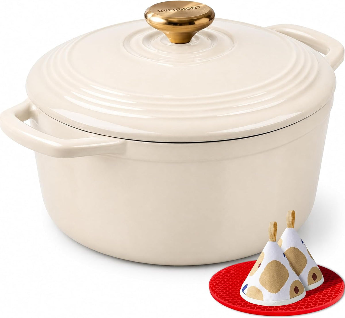 Overmont Enameled Cast Iron Dutch Oven - 5.5QT Pot with Lid Cookbook & Cotton Potholders - Heavy-Duty Cookware for Braising, Stews, Roasting, Sourdough Baking White