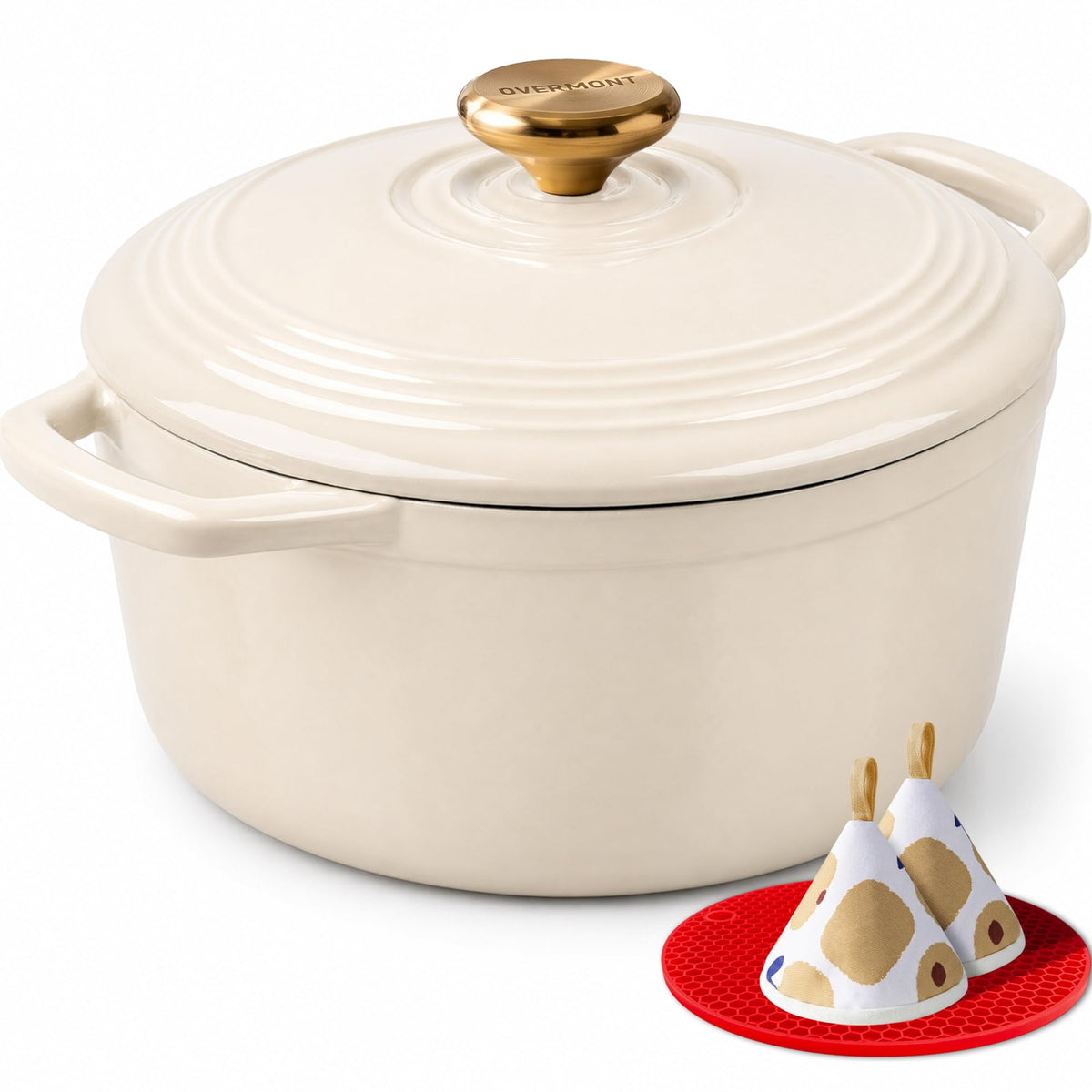 Overmont Enameled Cast Iron Dutch Oven - 7QT Pot with Lid Cookbook & Cotton Potholders - Heavy-Duty Cookware for Braising, Stews, Roasting, Bread Baking GooseYellow