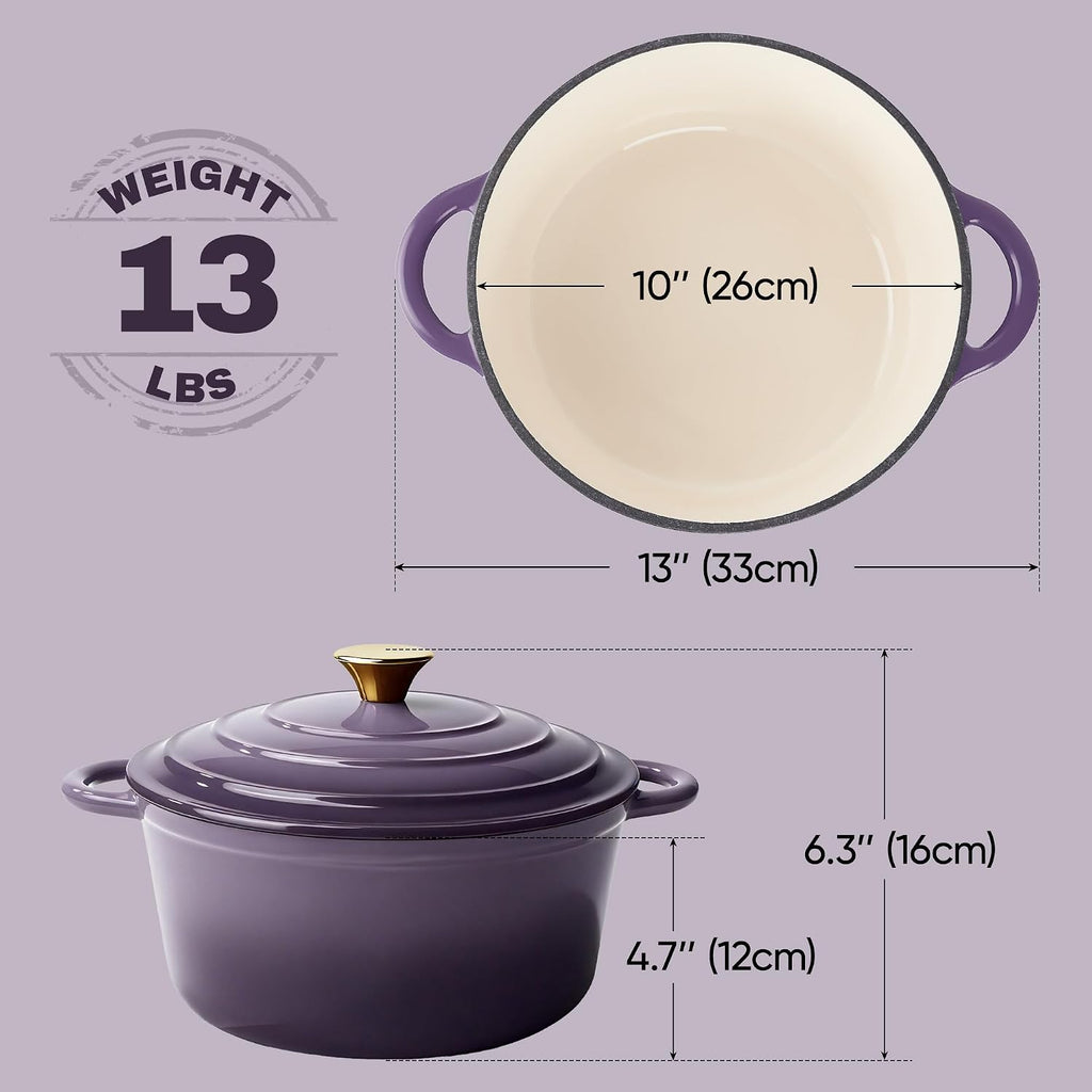 Vintage Style 6 Quart Dutch Oven Pot with Lid, Non Stick Enameled Cast Iron Dutch Oven for Bread Baking, Heavy-Duty, Oven Safe Ceramic Cookware Up to 500°F for Baking, Braising, Stews, Roasting, Purple