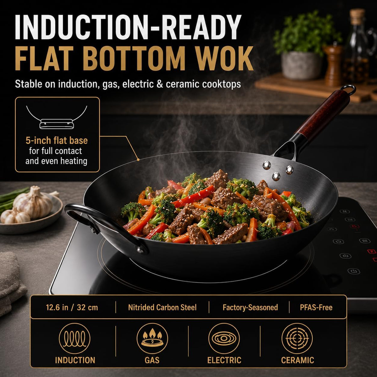 12.6-Inch Nitrided Carbon Steel Wok Pan, Flat Bottom, Induction